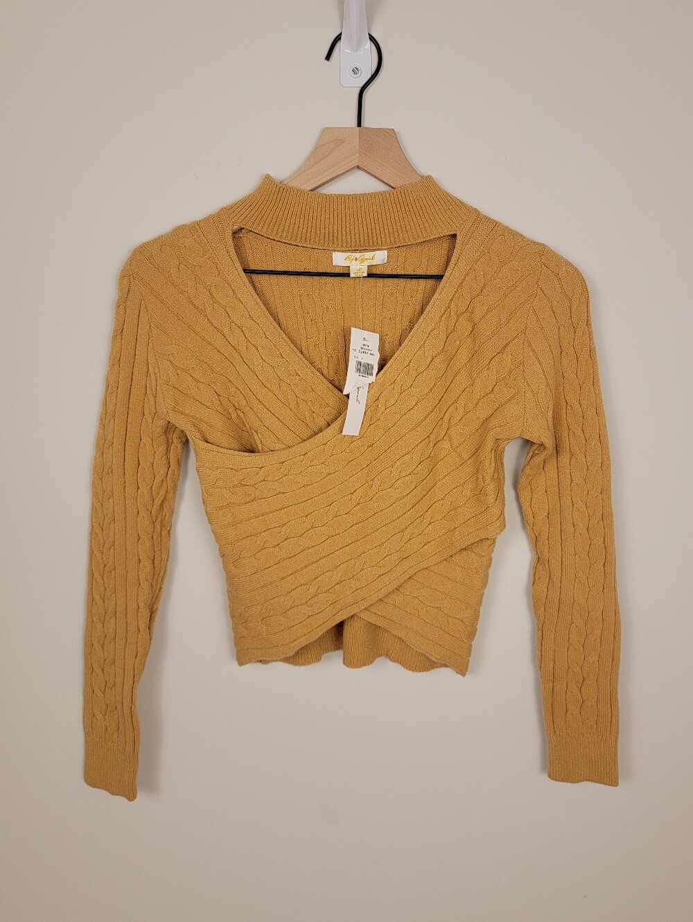 NWT Poof Cable Knit Cutout Crossover Sweater Mock Neck Camel Tan Curry Womens S
